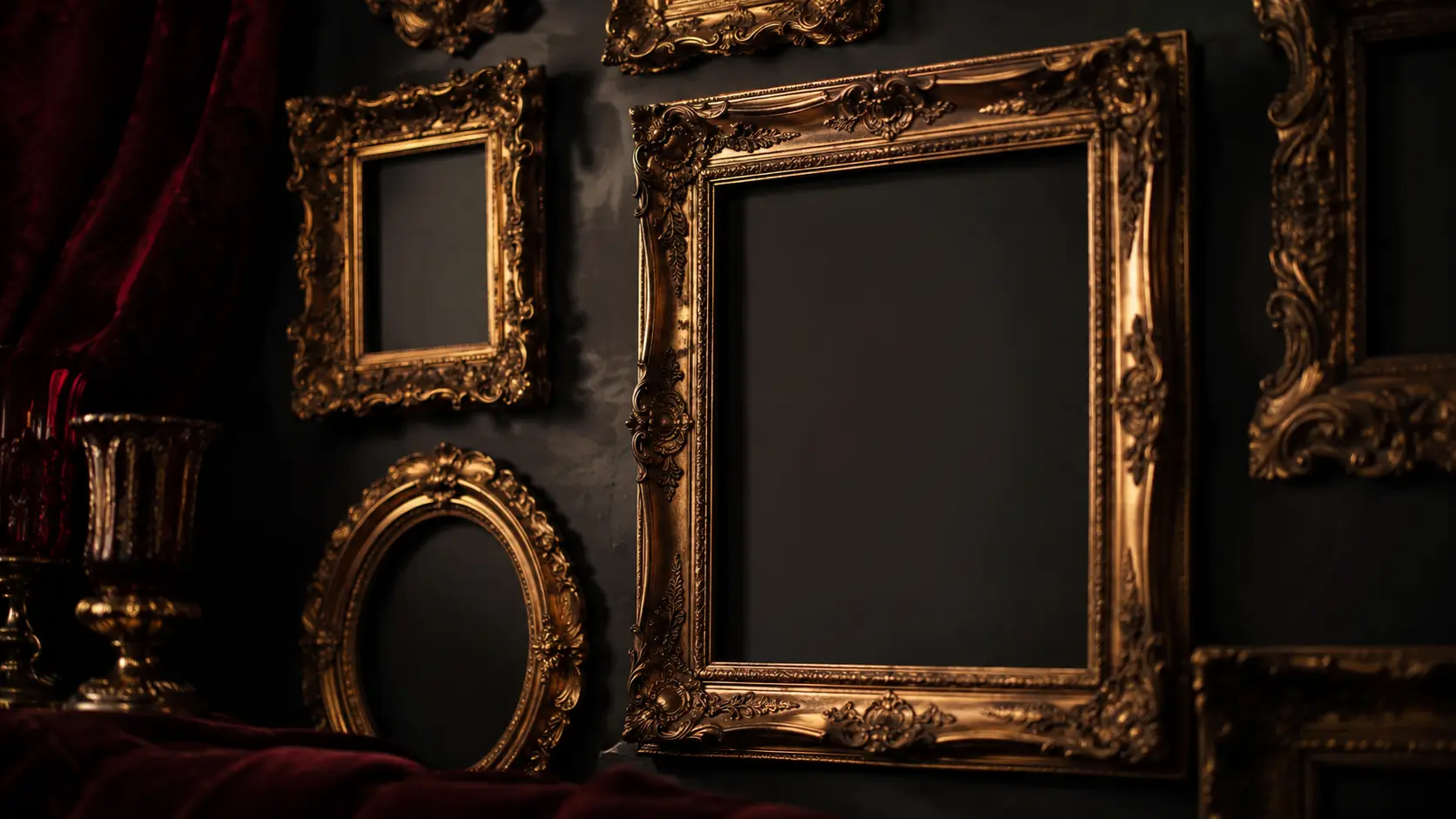 A cluster of antique gold frames on the studio's charcoal wall